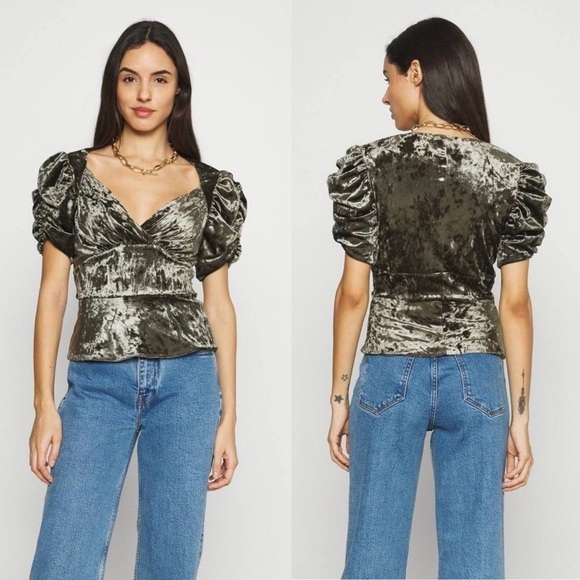 New Topshop Idol Green Velvet Ruched Sleeve Blouse in Military Green NWT - Picture 2 of 6